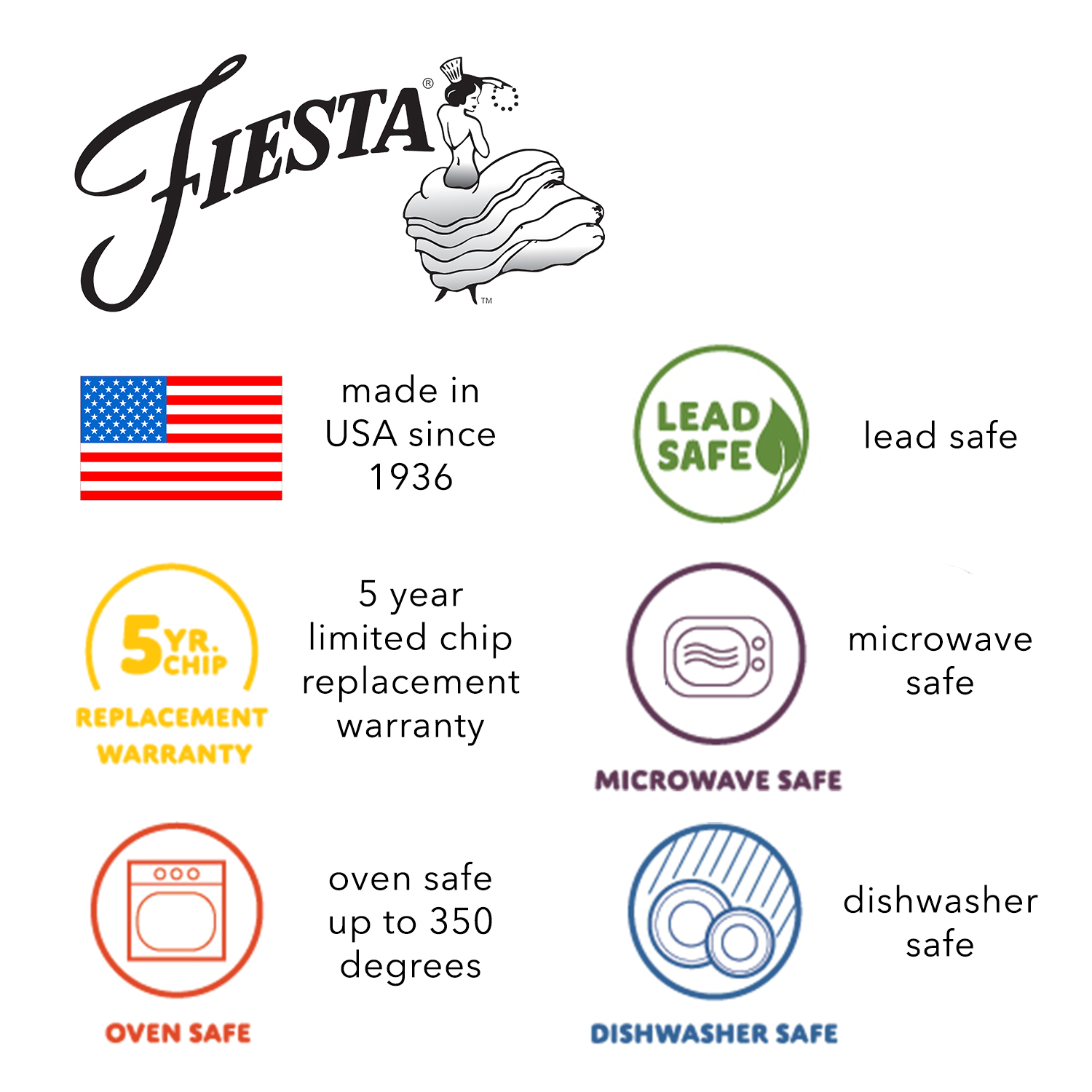 Fiesta features: made in the USA since 1936, five-year limited chip replacement, oven safe to 350 degrees, lead safe, microwave safe and dishwasher safe.